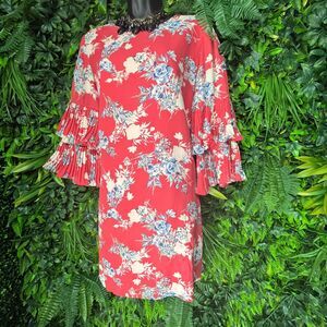 SAMI & JO Women Dress Medium Orange Floral A Line Pleated‎ Flare Sleeve 1014